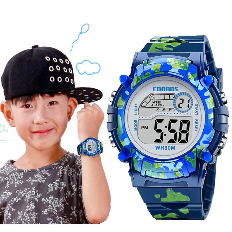 Navy Blue Camouflage Kids Watches LED Colorful Flash Digital Waterproof