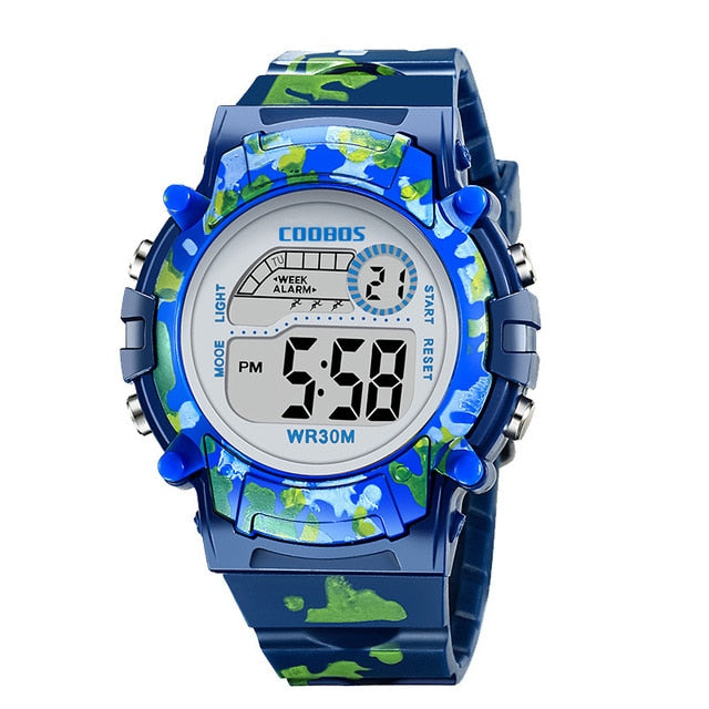 Navy Blue Camouflage Kids Watches LED Colorful Flash Digital Waterproof