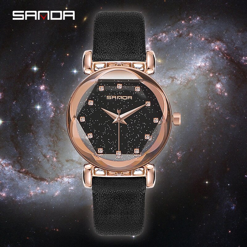 SANDA Fashion Crystal Ladies Leather Strap Watches Women