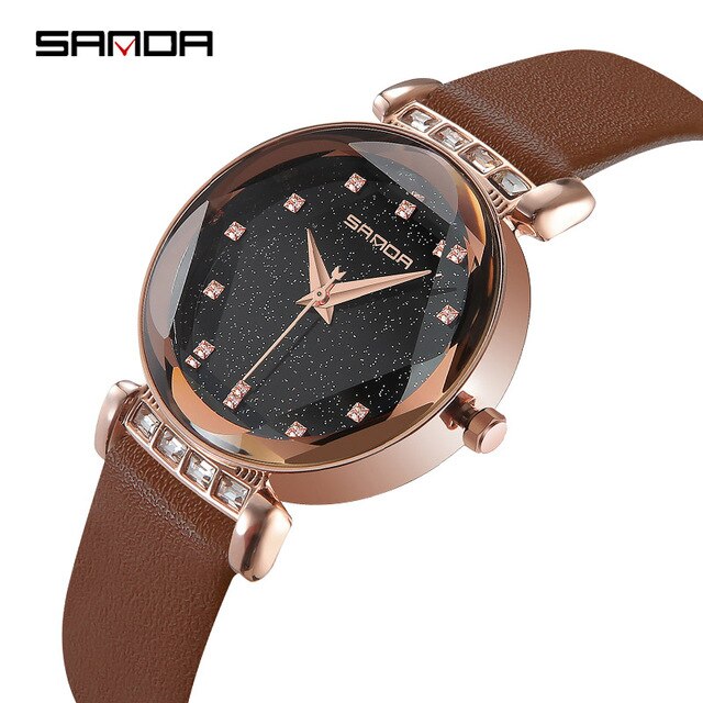 SANDA Fashion Crystal Ladies Leather Strap Watches Women