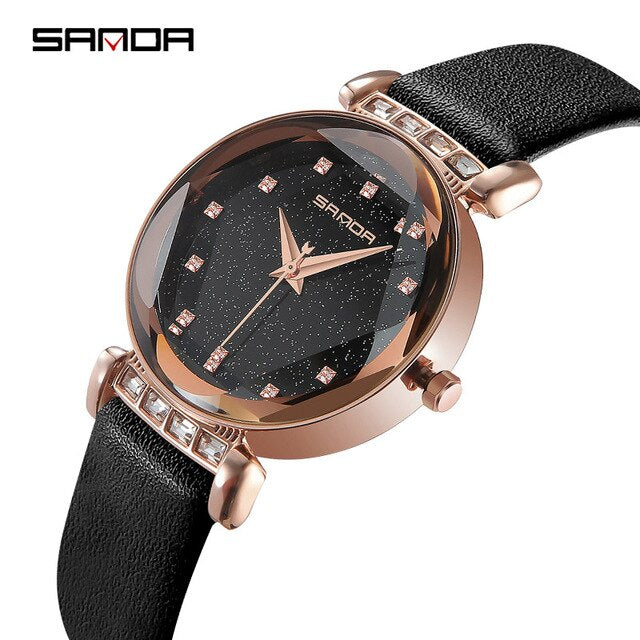 SANDA Fashion Crystal Ladies Leather Strap Watches Women