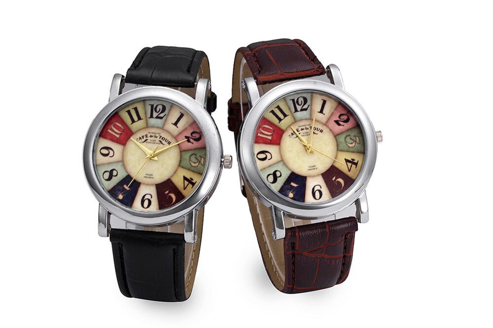 Women Fashion Unisex Watches Retro Harajuku Graffiti Pattern Watches Bohemian Style PU Leather Band Quartz