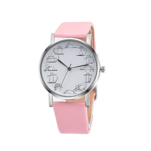 RUNER Relogio Feminino Retro style Lovely Cartoon Cat Leather Quartz Analog