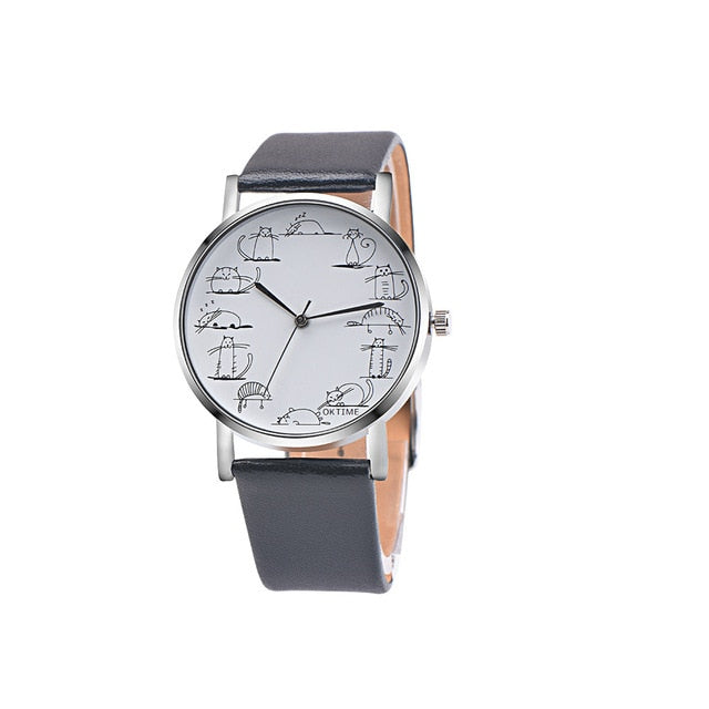 RUNER Relogio Feminino Retro style Lovely Cartoon Cat Leather Quartz Analog